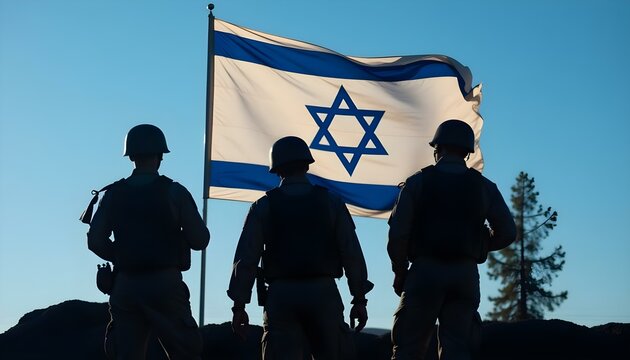 Israeli soldiers stand before the flag of Israel