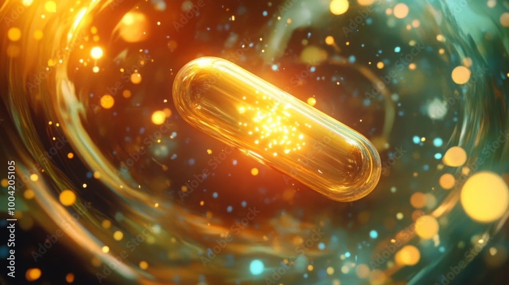 Poster A luminous capsule floats within a vibrant whirlpool of glowing particles, creating a mesmerizing effect