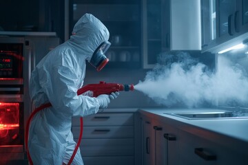 Person in protective gear disinfecting modern kitchen with fogging machine, emphasizing sanitation and safety measures.