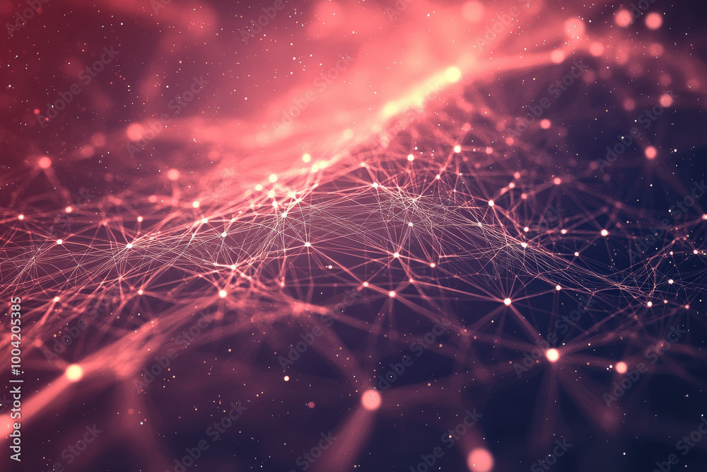 Poster exploring a vibrant digital landscape filled with interconnected nodes and glowing paths in a mesmer