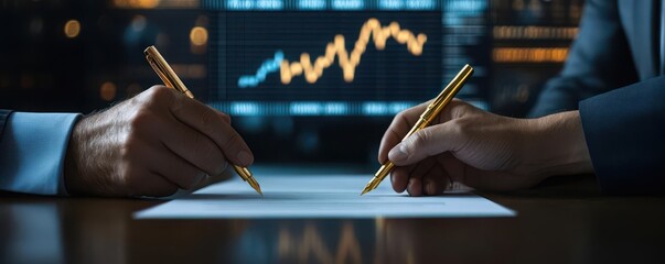 Two CEOs signing merger contracts, gold pens in hand, a massive company logo on a digital screen behind them, business acquisition, formal agreements