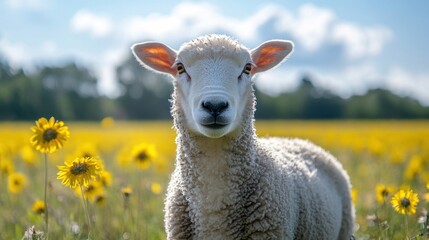 Obraz premium Sheep in a sunny wildflower field