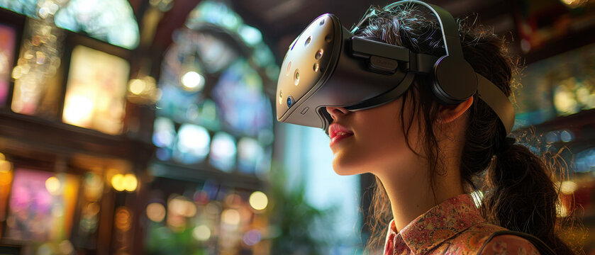 VR in education,  A dedicated student equipped with a VR headset, navigating a lively simulated foreign city. They practice speaking with animated locals at a caf?, with urban