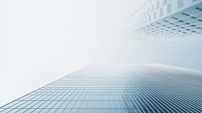 Minimalist architectural design featuring sleek, reflective glass buildings shot from a low angle, emphasizing vertical lines and modern geometry. Ideal for business presentations. AI generative