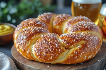 a detailed shot of a freshly baked pretzel on a wooden board sprinkled with coarse salt next to mustard and beer with Oktoberfest decorations and a Bavarian flag in the background