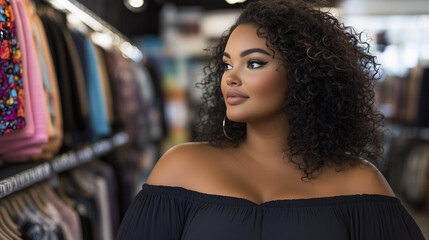 woman with curly hair is looking thoughtfully while shopping in clothing store, surrounded by colorful garments. Her expression conveys confidence and style. 