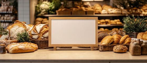 discount grocery signs,  Blank mockup sign positioned near the fresh bakery section of a grocery store, surrounded by delicious bread and pastries, emphasizing a clean and appealing