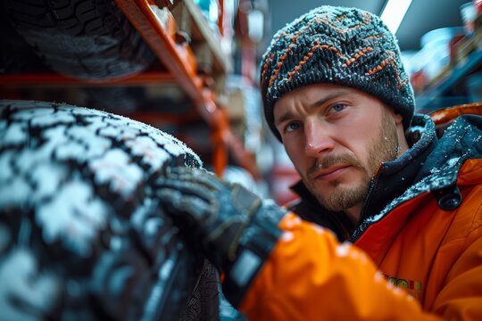 Mechanic in repair garage holding tire for seasonal change between winter and summer tires - Powered by Adobe