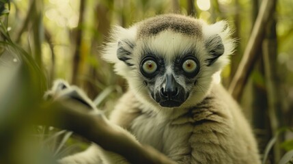 Obraz premium Curious Lemur Gazing through Lush Foliage in Madagascar Wilderness