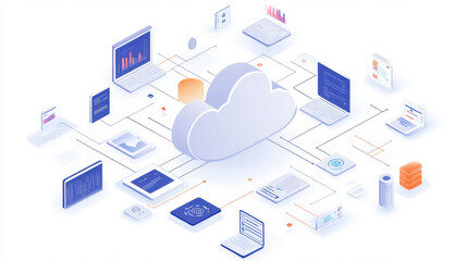 Fototapeta premium Cloud file integration and migration, Visual depiction of cloud API integration with a central cloud symbol, surrounded by colorful data streams connecting to multiple devices. The