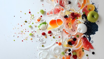 Surreal aerial landscape, blending abstract expressionism with gourmet artistry, colorful foods morphing into whimsical shapes, enchanting scene