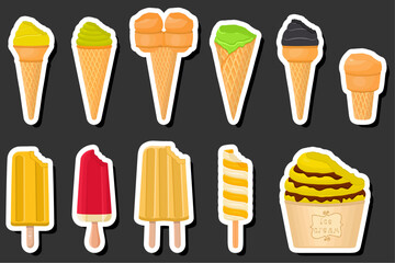 Illustration on theme big kit ice cream popsicle different types in cone waffle cup
