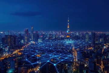 Fototapeta premium Futuristic city skyline illuminated by a network of digital pathways, showing the interconnected growth of businesses in a smart city