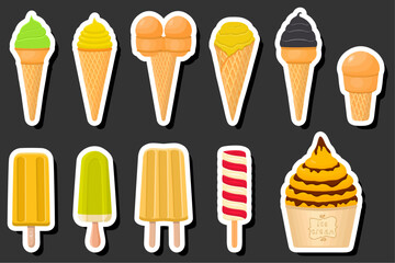 Illustration on theme big kit ice cream popsicle different types in cone waffle cup