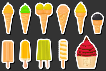 Illustration on theme big kit ice cream popsicle different types in cone waffle cup