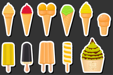 Illustration on theme big kit ice cream popsicle different types in cone waffle cup