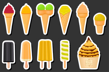 Illustration on theme big kit ice cream popsicle different types in cone waffle cup