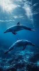 Obraz premium Graceful dolphins swimming in crystal clear ocean waters