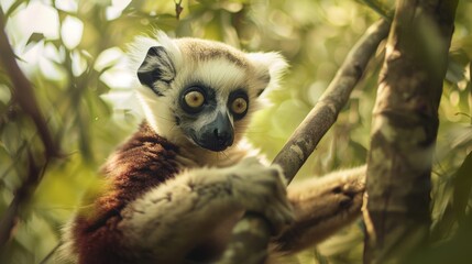 Fototapeta premium Curious Lemur Peering from Tree Branch in Lush Tropical Forest