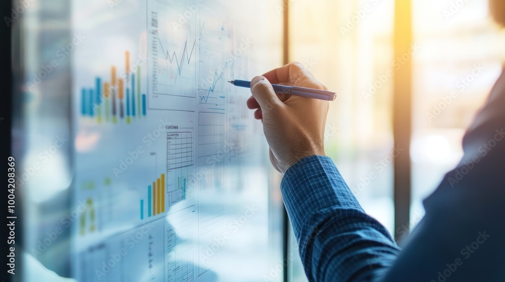 Poster a person analyzing data on a digital screen with graphs and charts.