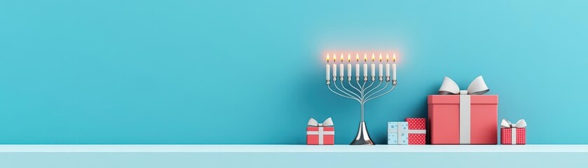 Hanukkah menorah, lit candles and gifts, flat design illustration