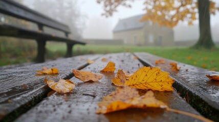 Fallen Autumn Leaves on a Wet Wooden Bench