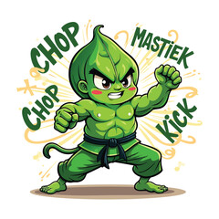 Whimsical Vector Illustration of a Fierce Spinach Leaf Kung Fu Master with Action Words and Motion Lines  Fun Character Design for Stock Art