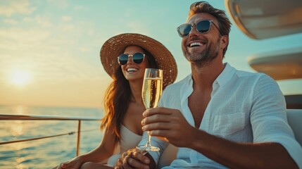 A man and woman are sitting on a boat, smiling and holding glasses of champagne