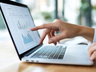 Close-up of a person's hand pointing at financial charts on a laptop screen, analyzing data for business decisions.