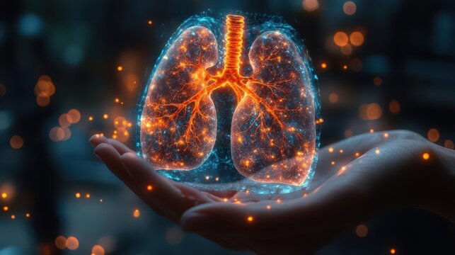 hands of a person holding a medical xray of lungs with a digital anatomy hologram overlay symbolizing innovation in healthcare and medical research