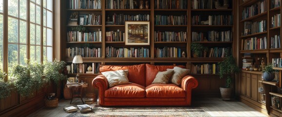 Cozy Reading Nook with a Leather Sofa and Bookshelves Filled with Books