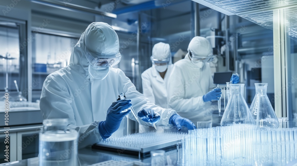 Poster scientists conduct experiments in a modern laboratory using glassware and precise techniques during 
