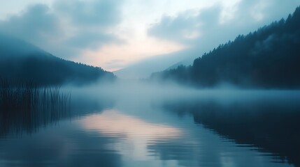 Fototapeta premium Tranquil Lake with Fog at Dawn
