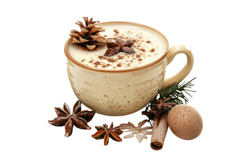 Eggnog cup with cream, sugar, fresh milk, eggs and cinnamon for ingredient, isolated on transparent background, for celebrate in Christmas festive.
