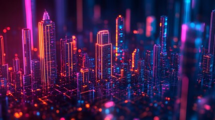 Obraz premium Abstract cityscape of the digital bond market, illuminated by neon highlights, set against a dark background, intricate high-detail 3D render