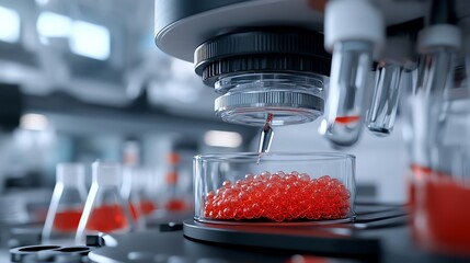 Biotech research facility with genetic modification tools, 3D illustration