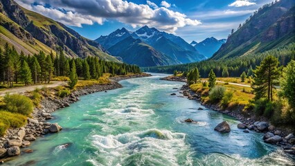 Fast Katun river stream flowing between stunning mountain landscapes, perfect nature backgrounds