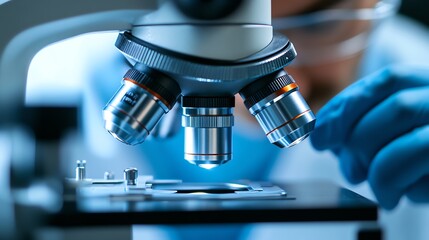Closeup of a scientists hand adjusting a microscope with detailed cellular samples in focus, microscope in use, scientific observation and analysis
