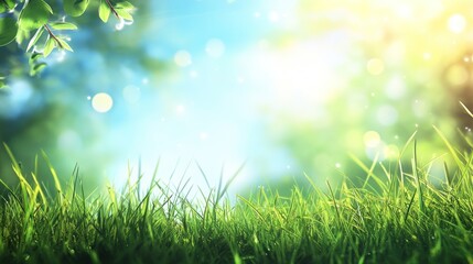 Obraz premium A vibrant green grass field under a bright sunny sky, creating a serene and refreshing atmosphere.