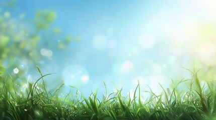 Obraz premium Lush green grass under a bright blue sky, capturing the essence of a tranquil spring day.