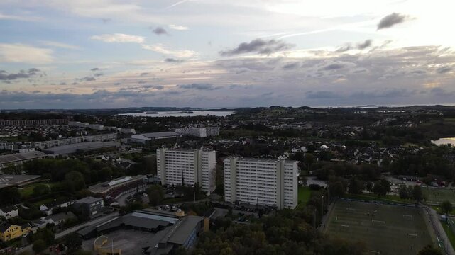 Aerial Drone Shot of Lassa Stokka Apartments and Surrounding Soccer Fields