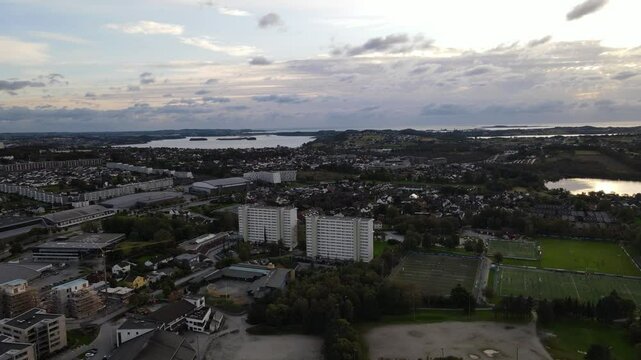 Aerial Drone Shot of Lassa Stokka Apartments and Surrounding Soccer Fields