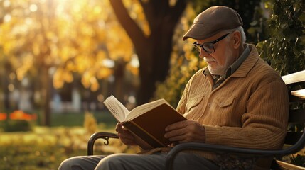 An elderly Caucasian man enjoys reading a book in a sunlit park during autumn.