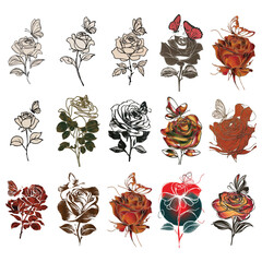 Fototapeta premium Set of Design a t-shirt with a silhouette line art illustration in an ultra minimal style, featuring the outline of a rose with a butterfly perched on top of it.