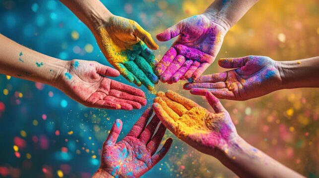 Vibrant hands covered in colorful powders, symbolizing unity and celebration during a festive event.