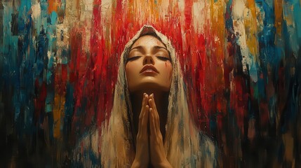Naklejka premium historical depiction of mary in nazareth captured in an abstract colorful portrait the essence of spirituality fills the air allowing viewers to connect with the past in a modern art style