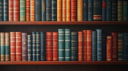 Naklejka premium A beautifully arranged bookshelf featuring colorful vintage books, creating a warm and inviting atmosphere.