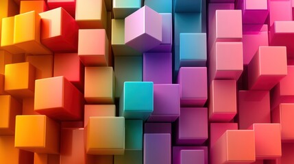 A vibrant array of 3D colorful blocks in shades of orange, pink, and blue, creating a dynamic and playful atmosphere.