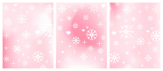 Gradient pastel winter background. Minimalist poster set. Snowflake pattern in pixel art. Winter season pastel pink colors vertical vector banner. Blurred sky gradient design card, holiday greetings