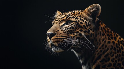 Obraz premium A powerful portrait of a majestic leopard against a black background, capturing the beauty and strength of this wild predator.